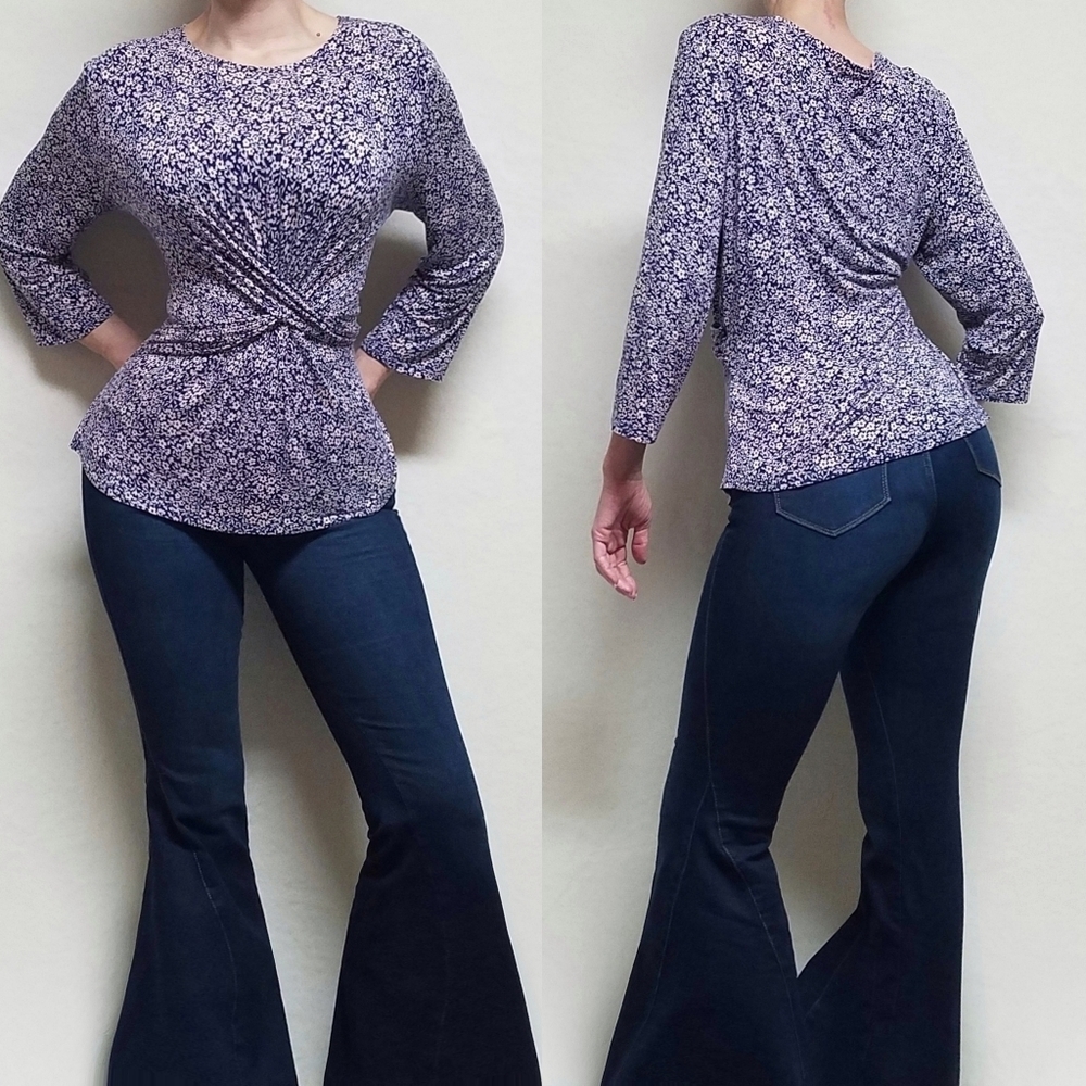 Juicy Couture Blue Pink Ditsy Floral Cross Front Quarter Sleeve Jersey Blouse